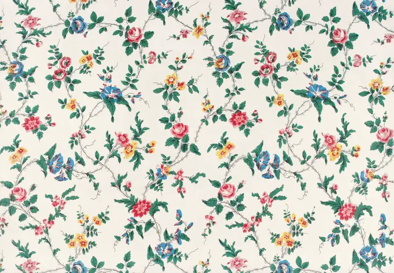 Flower Textile Pattern, including Roses, on White Cotton